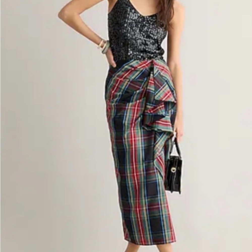 NWT J Crew Collection polyester taffeta long skirt with ruffle detail, size 12.